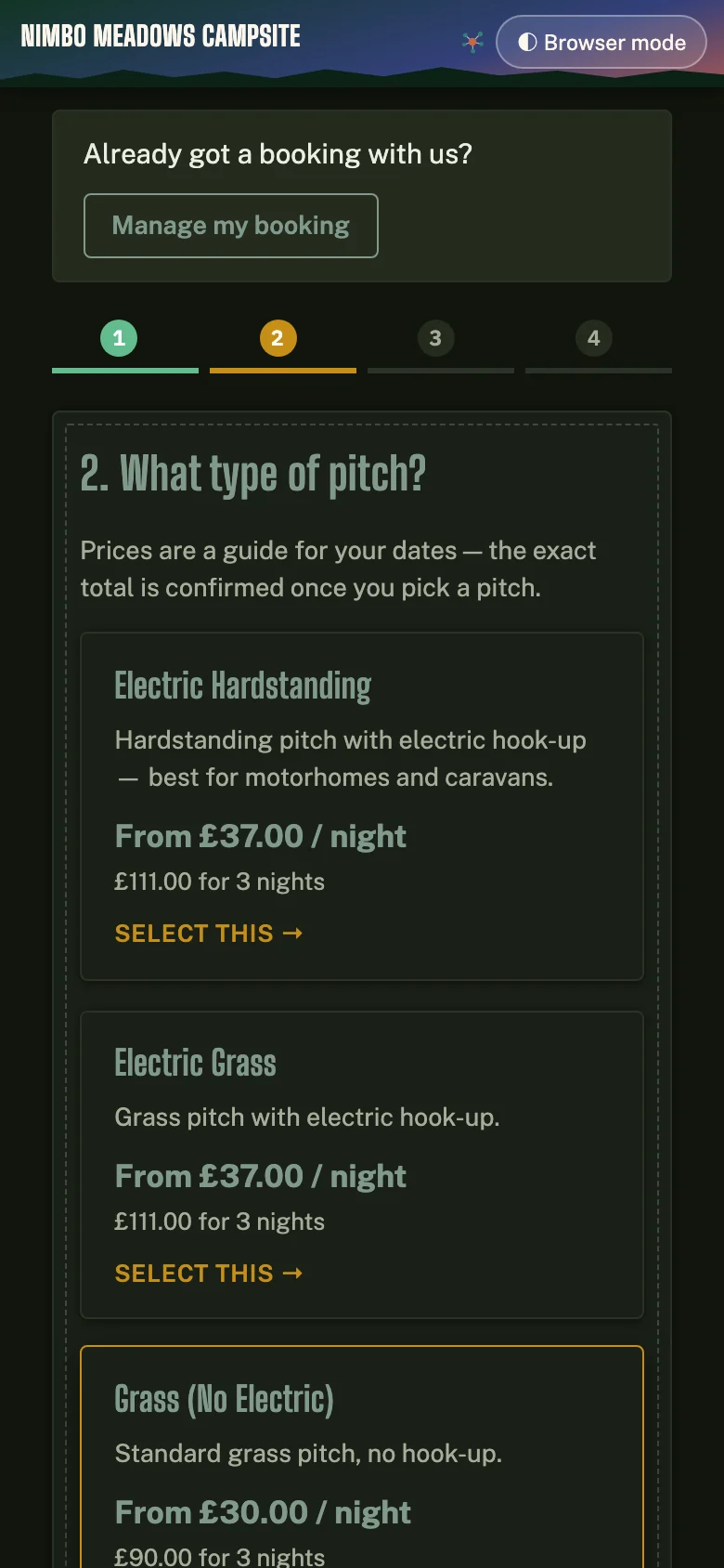 The booking page on a phone, showing step two: each type of pitch with its price for the guest's dates.